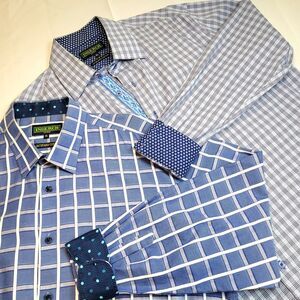 Inserch Icon Men's XL Jacquard Cotton Button-Up Flip Cuff Shirts Blue Lot of 2